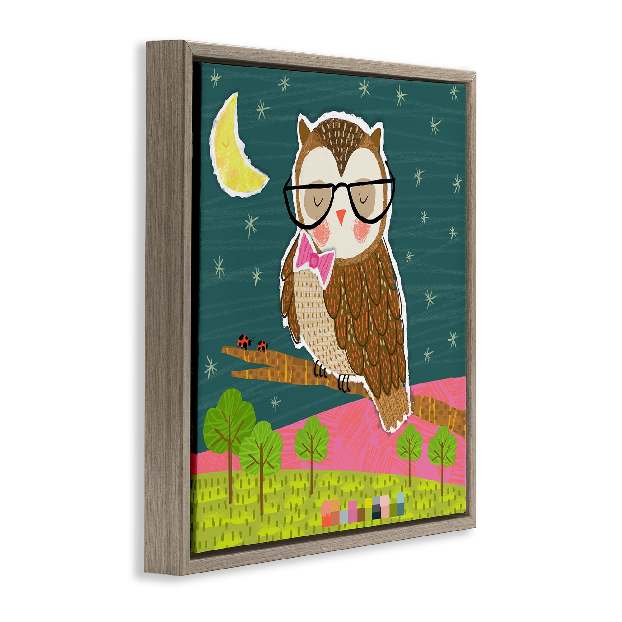 Stupell Industries Wise Owl on Branch Animals Painting Brown Floater Framed Canvas Art Print Wall Art, 18 x 18