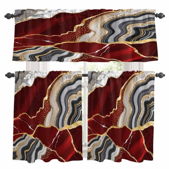 Red Marble Kitchen Curtains Sets for Windows 24 Inch Length, Grey Gold Texture Vintage Farmhouse Art Rod Pocket Window Treatments Tier Curtains and Valances Set for Bedroom/Bathroom