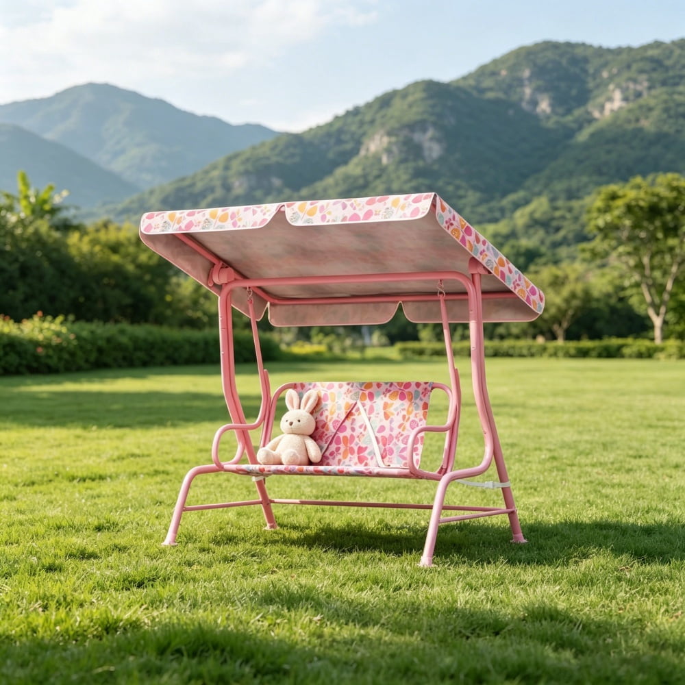 Pink Kids Swing Chair with Adjustable Canopy & Safety Seat Belts, Metal Frame, Non-Skid Feet, Butterfly Pattern for 3-6 Years Old (Poolside/Patio/Backyard)