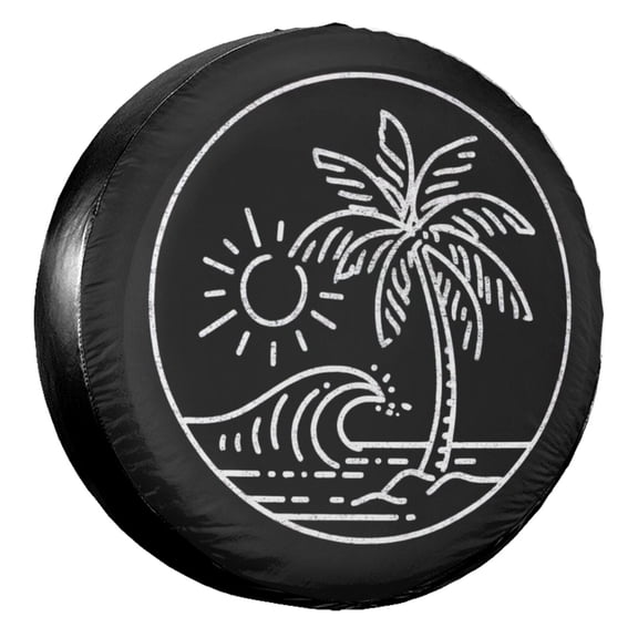 KAKALAD Beach Waves Palm Tree Sun Spare Tire Cover Universal Vehicle Accessories Buckle Car Tools 14”in