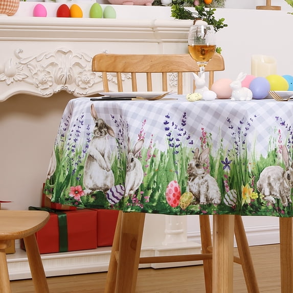 ZACOO Easter Day Tablecloth Round 60" Easter Rabbits Spring Flowers Table Cover Dining Room Decorative Table Cloth for Home Kitchen Party Picnic, Green
