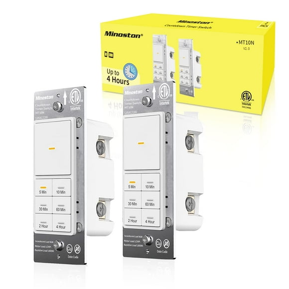 Minoston 4 Hour countdown Timer Switch 5-10-30-60 Min 2-4 Hour Timer Switch Neutral Wire Required for Bathroom Fans Heaters Lights ETL Fcc Listed 2 Pack(MT10N)