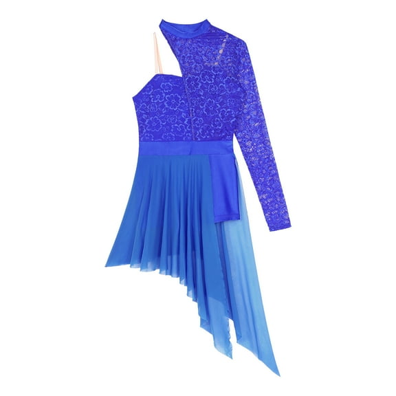 Miutii Womens Girls Single Long Sleeve Lace Splice Lyrical Dance Costume Ballet Leotards Ballroom Royal Blue L