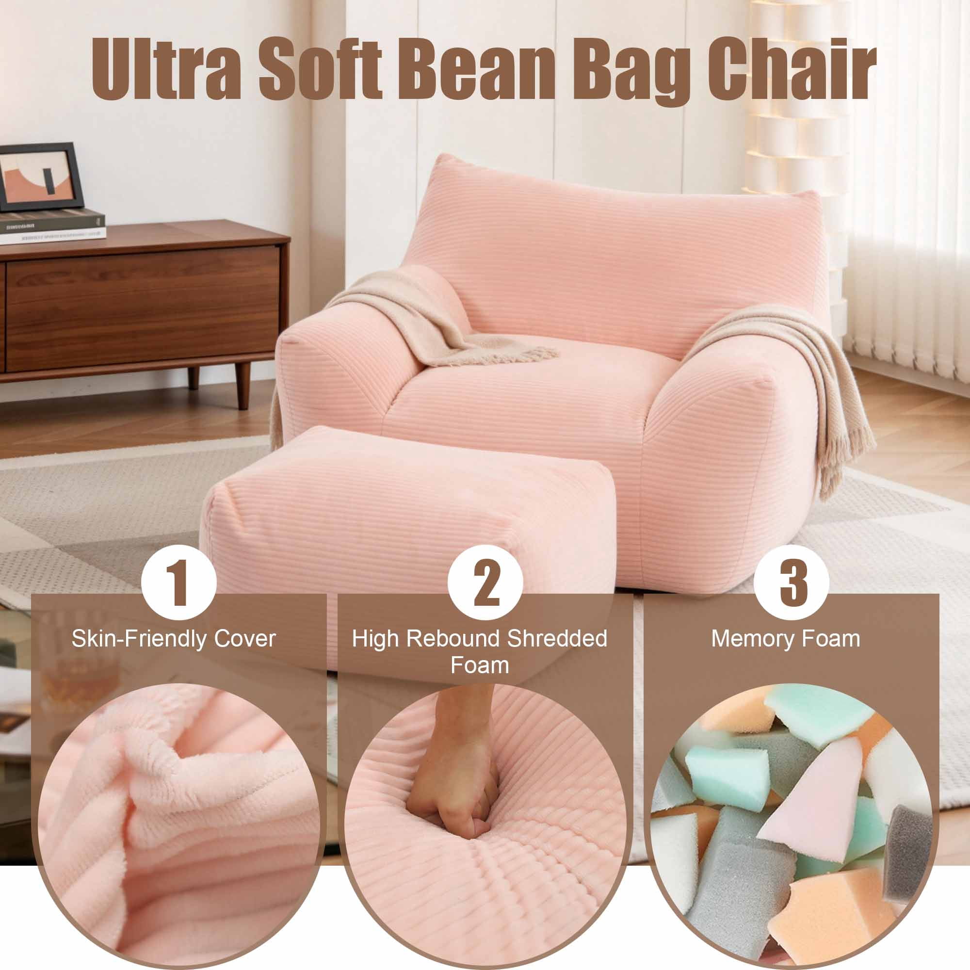 Lunale Oversized Bean Bag Chair with Ottoman, Boneless Lazy Sofa Chair for Bedroom, Living Room, Pink Corduroy