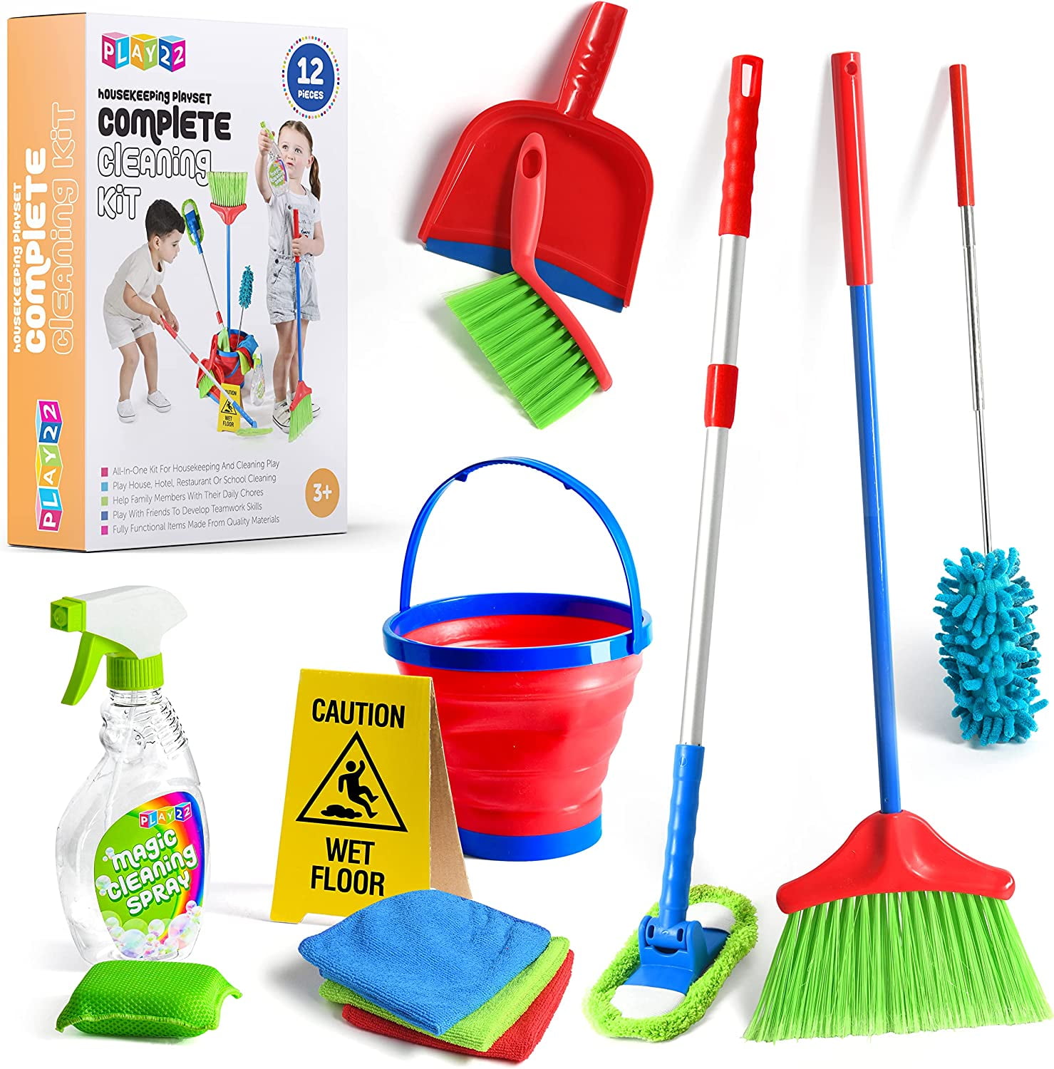Kids Cleaning Set 12 Piece Toy Cleaning Set Includes Broom, Mop, Brush, Dust Pan, Duster