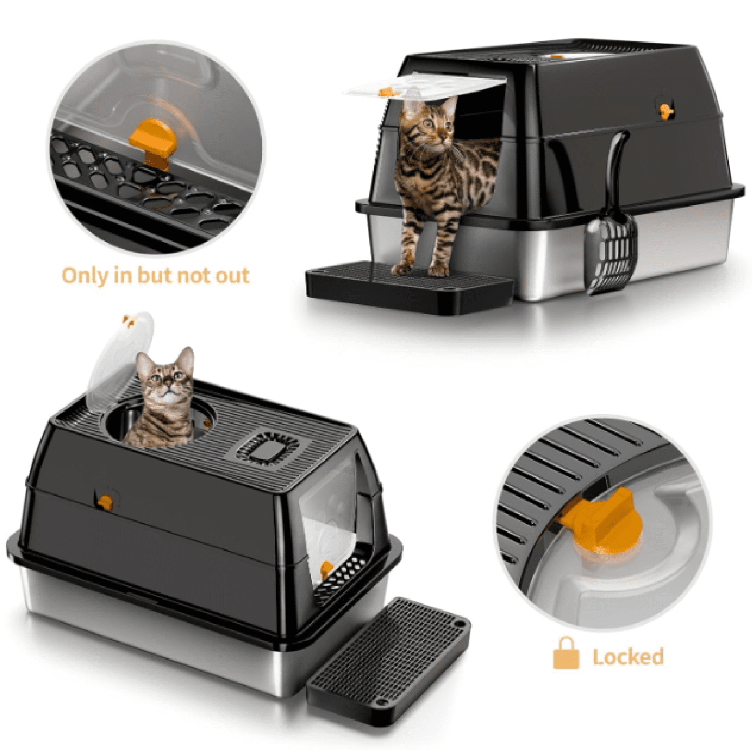 XL Stainless Steel Cat Litter Box with Lid, Extra Large Enclosed Litter Box for Big Cats, High Sided Metal Litter Pan with Removable Lid& Scoop, Odor Free, Easy Cleaning, Anti-Urine Leakage