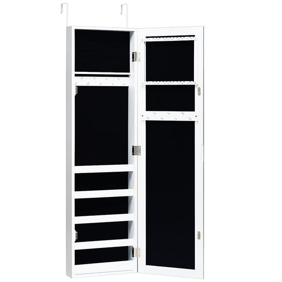 Jewelry Cabinet Armoire Door Wall Mounted, Full Length Mirror and 5 Storage Shelves for Rings, Display Bracelets, Hanging Organizer, Mirrored Storage Jewelry Cabinets for Bedroom, Dorm