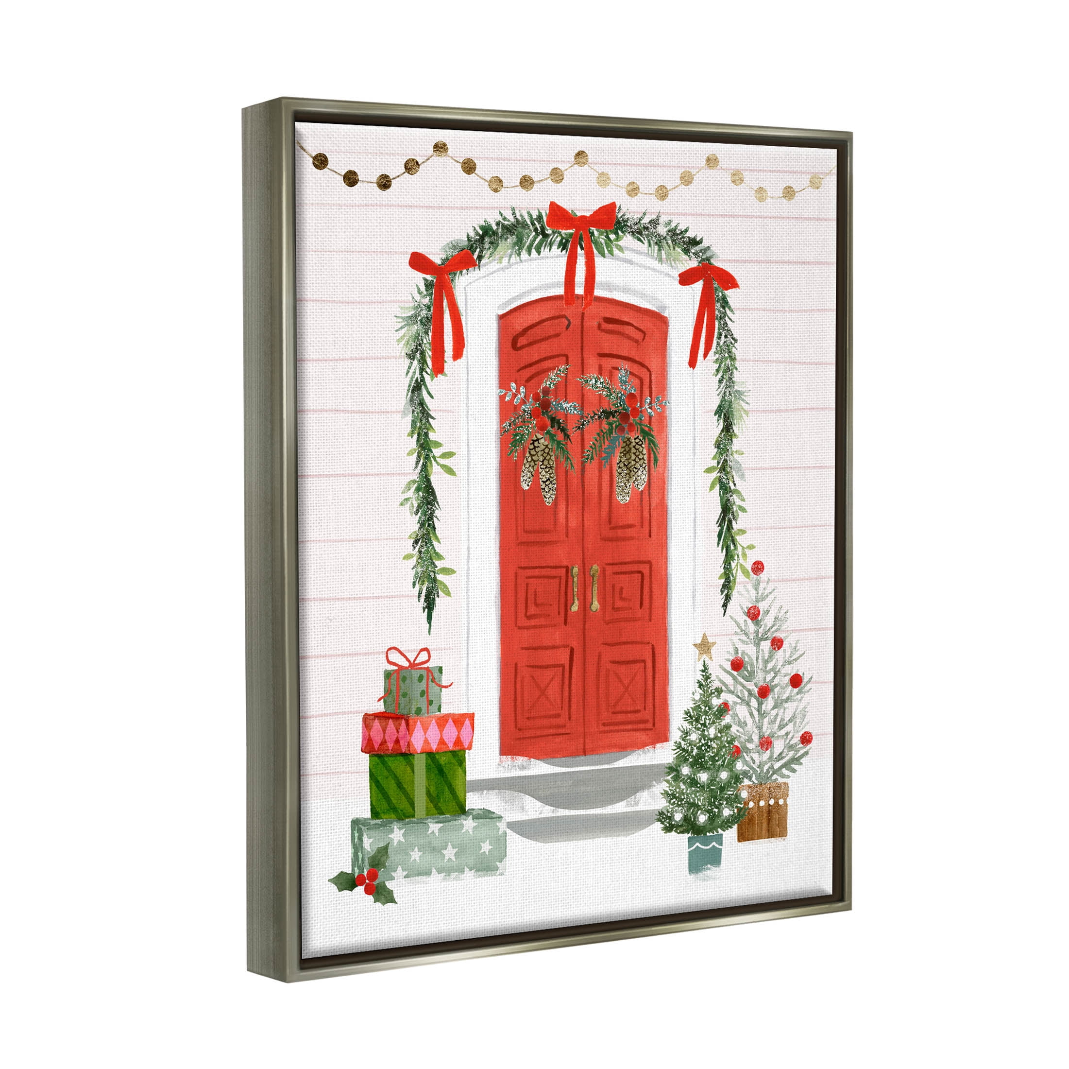 Stupell Industries Red Jolly Christmas Doorway Graphic Art Luster Gray Floating Framed Canvas Print Wall Art, Design by Victoria Barnes