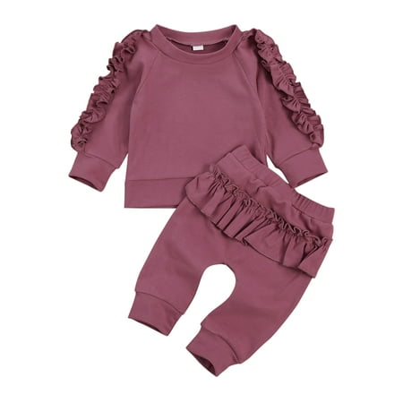 

Sunisery 2PCS Newborn Infant Kids Baby Girls Long Sleeve Ruffle Top and Pants Fall Winter Outfits Dark Purple 6-12 Months
