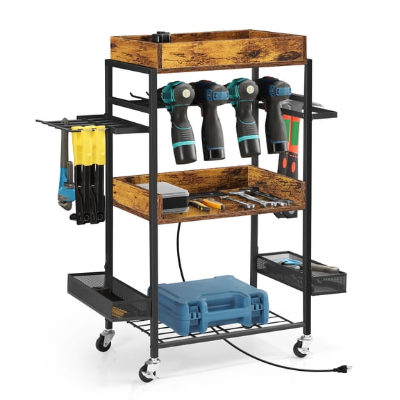 Power Tool Storage Cart, Garage Heavy Duty Utility Rack, Wall Mounted Power Tool Organizer, Pulleys, Flame Color