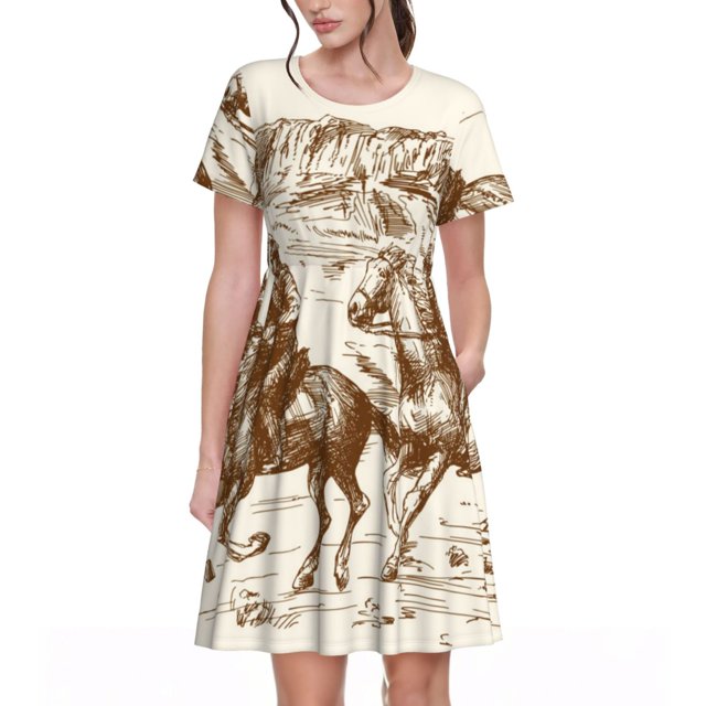 Easygdp Western Desert Cowboys1 para Vestido Transpirable de Mujer, Vestido Suelto de Manga Corta con Pliegues y Bolsillos para el Verano