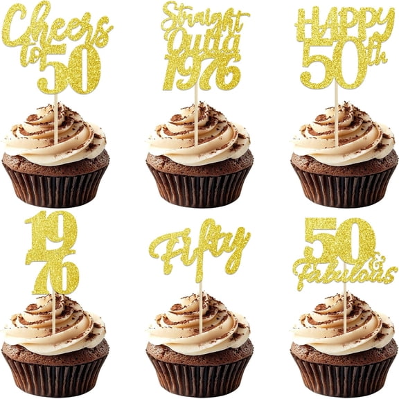 12pcs Gold 50th Birthday Cupcake Toppers, "Cheers to 50 Years" Cake Picks for Men/Women 50th Birthday Party Supplies