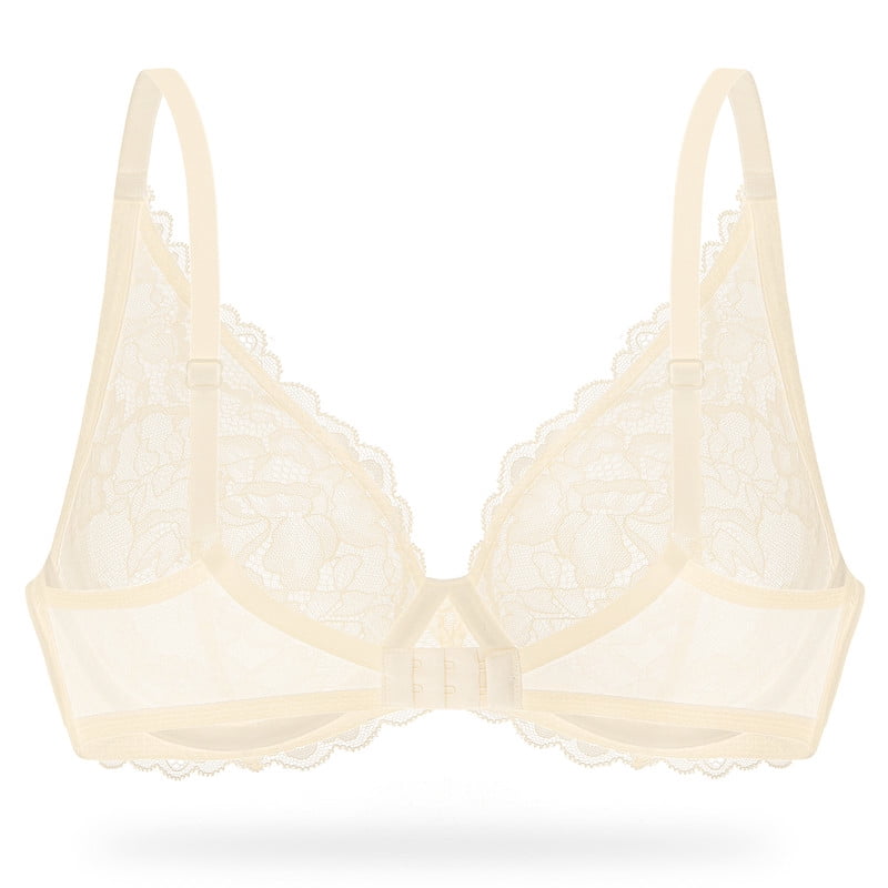 Wingslove Women's Sexy Sheer Lace Bra Underwire Unlined Plunge See Through Push Up Full Coverage Bra,Nude 34DD