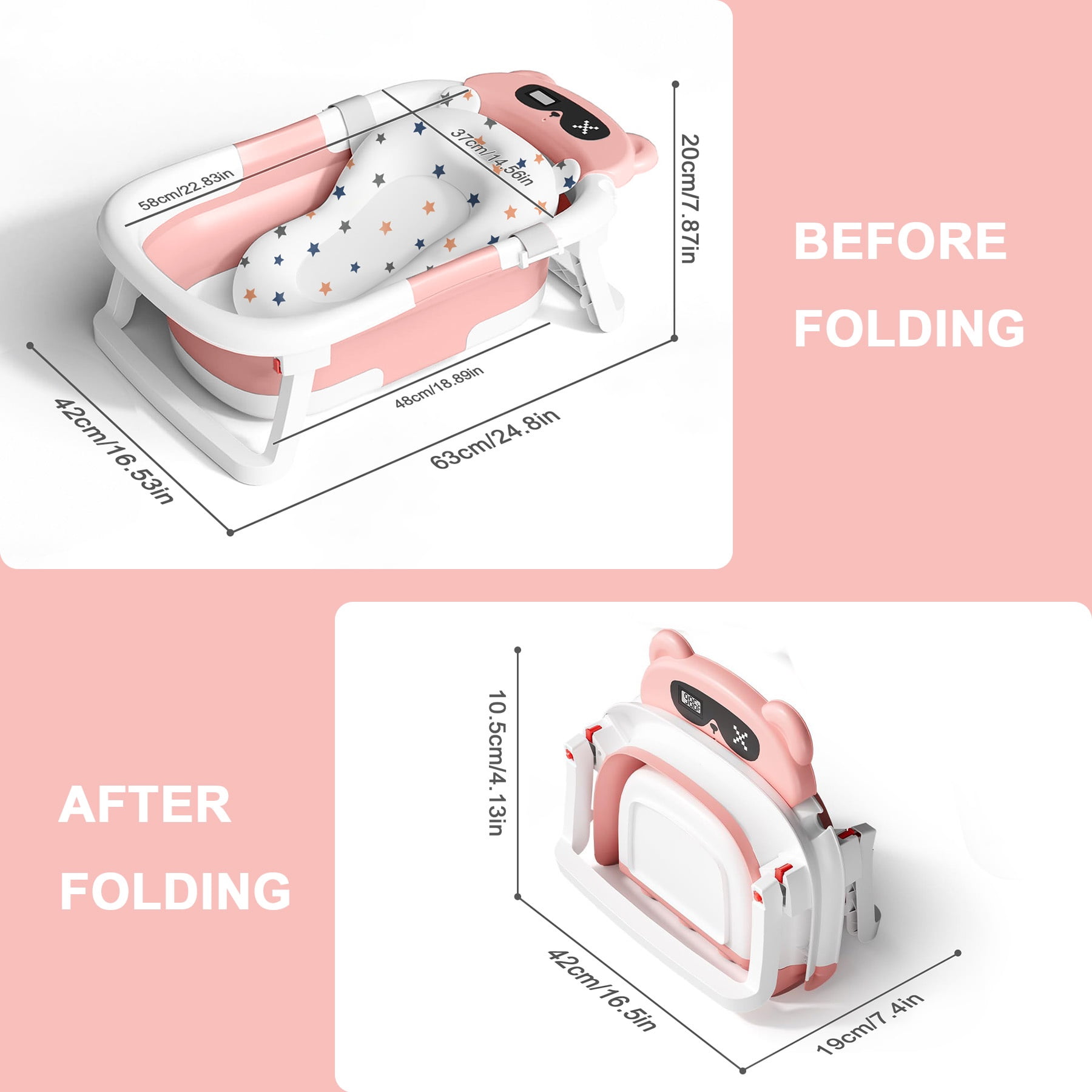Babyomi Baby Bathtub with Durable Bath Tub and Cute Bear Thermometer, Soft Detachable Cushion No-Slip Hanging and Shower Hat, Foldable Bathtub for Newborn to Toddler, Pink