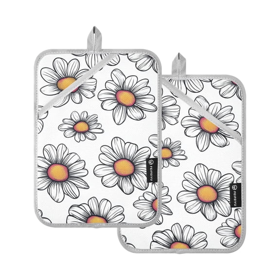 Simple White Daisy Oven Mitts Pot Holders 2 pcs Heat Resistant for Kitchen Baking Grilling