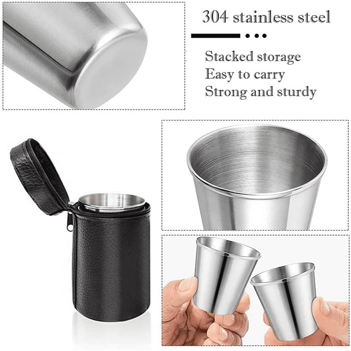 Tasses à Shooter en Acier Inoxydable, Ensemble de 16 Tasses, Verres à Shooter en Métal, Empilables, Petit Flacon de Hanche avec Sac en Cuir pour Extérieur