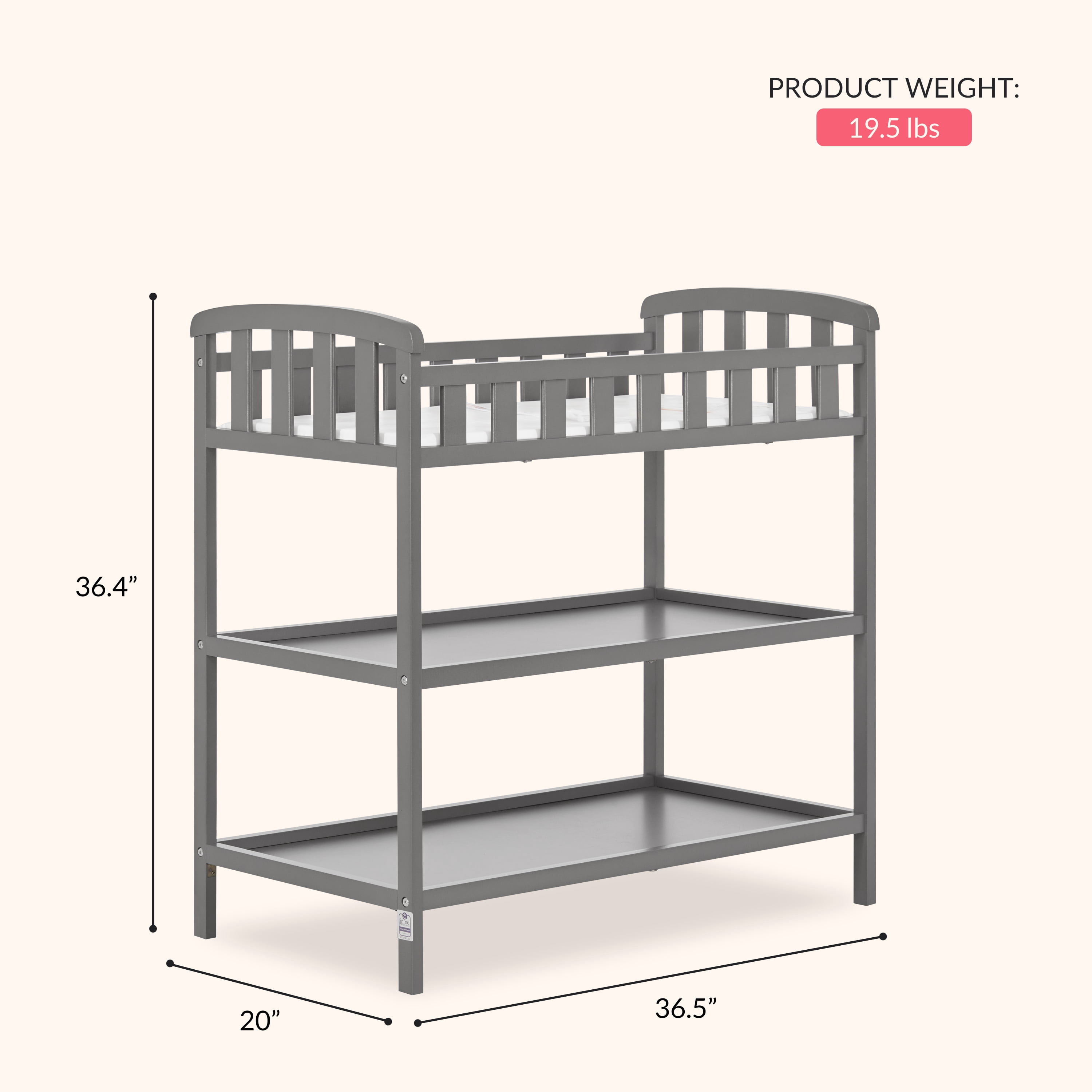 Dream On Me Emily Changing Table with Safety Rail for Infants, Steel Grey, Pine Wood