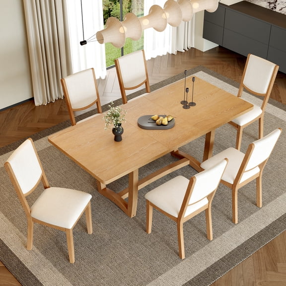 Dining Table Set 7-Piece Extendable with 6 Chairs, Rectangular Kitchen Table and Dining Set with Upholstered Chairs for Dining Room, Natural