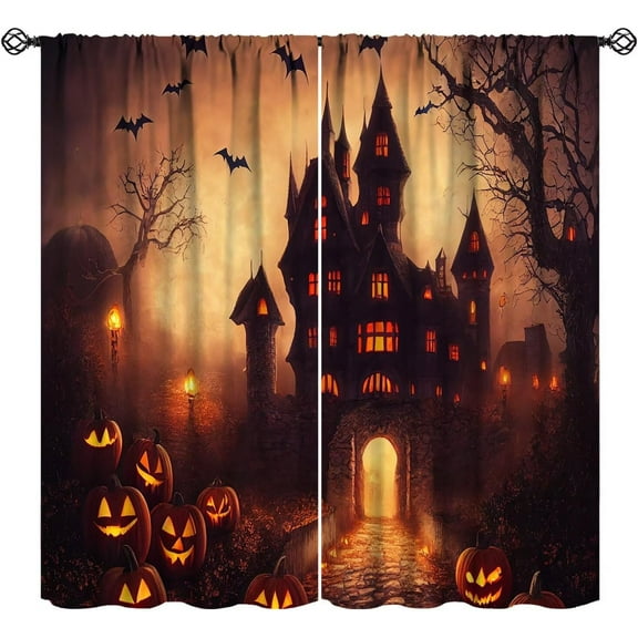 Halloween Curtains，Funny Pumpkin Bats Horror Forest Castle Pattern Drapes Window 2 Panel Rod Pocket Curtain for Girls Boys Bedroom Living Room Decor 28" W X 40" L