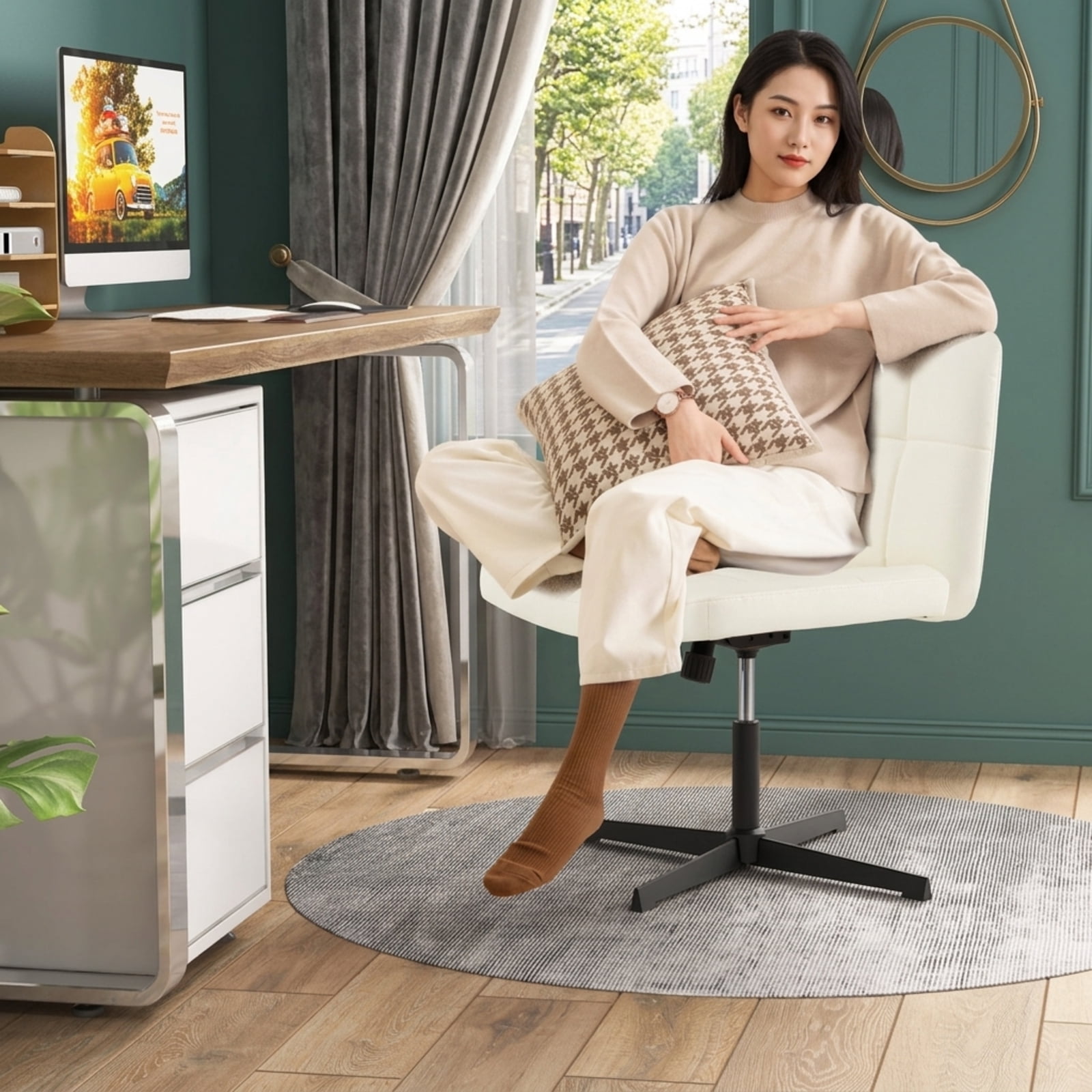 Furnibear PU Leather Upholstered Cross Legged Armless Office Chair with Oversized U Shaped Seat Swivel Rolling Vanity Desk Chair, Beige