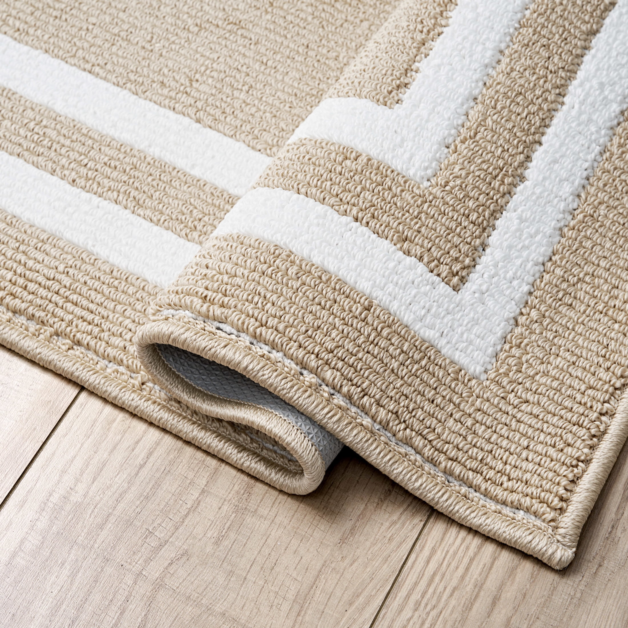Washable Skid-Resistant Runner Rug, Border, Beige and White, 30" x 144"
