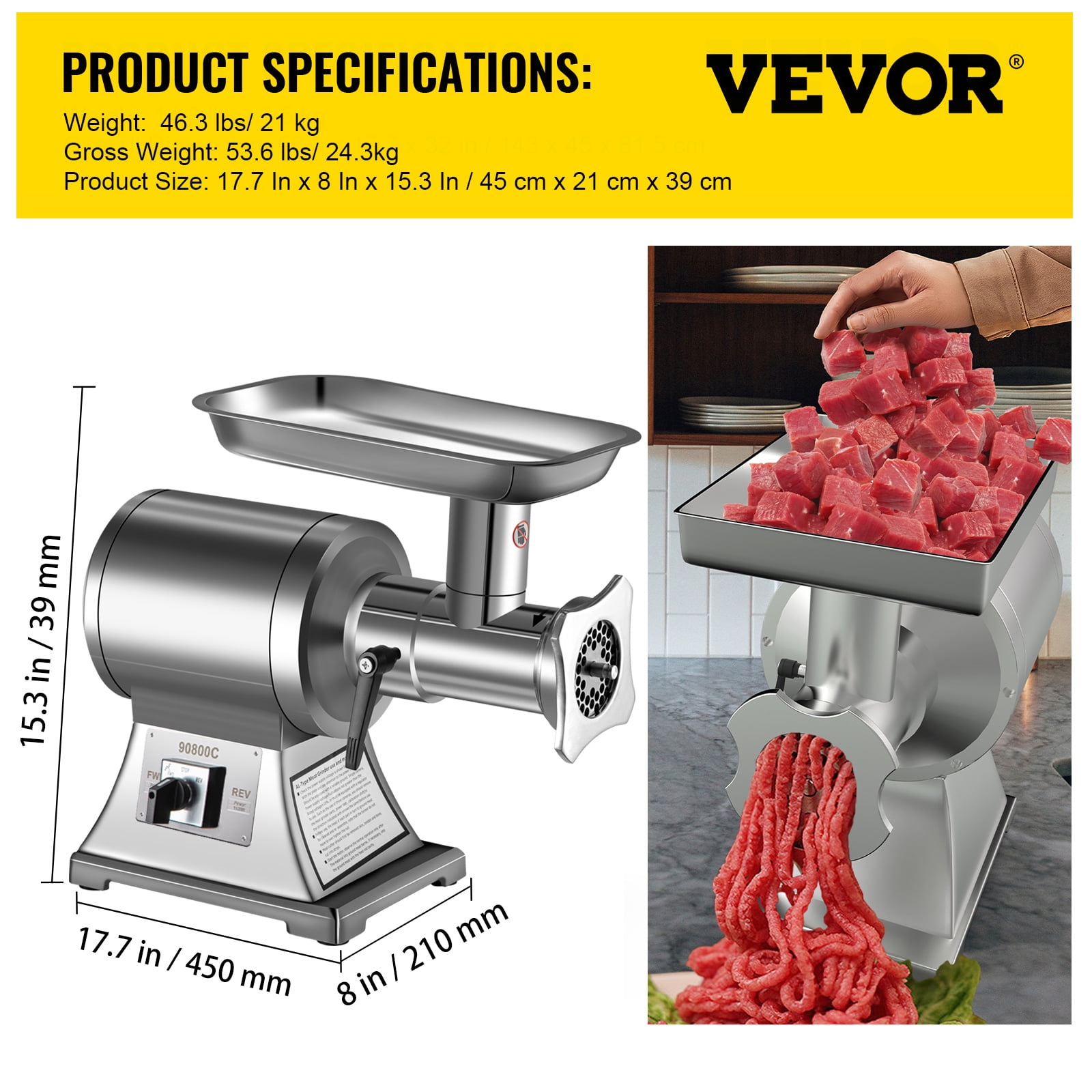 VEVOR 3 in 1 Electric 500LB/H Commercial Slicer 110V Stainless Steel 1100w  Cutter Machine Heavy Duty Sausage Maker Grinder Meat Mincer, 12.6 13.3  12.6 inch, Silver