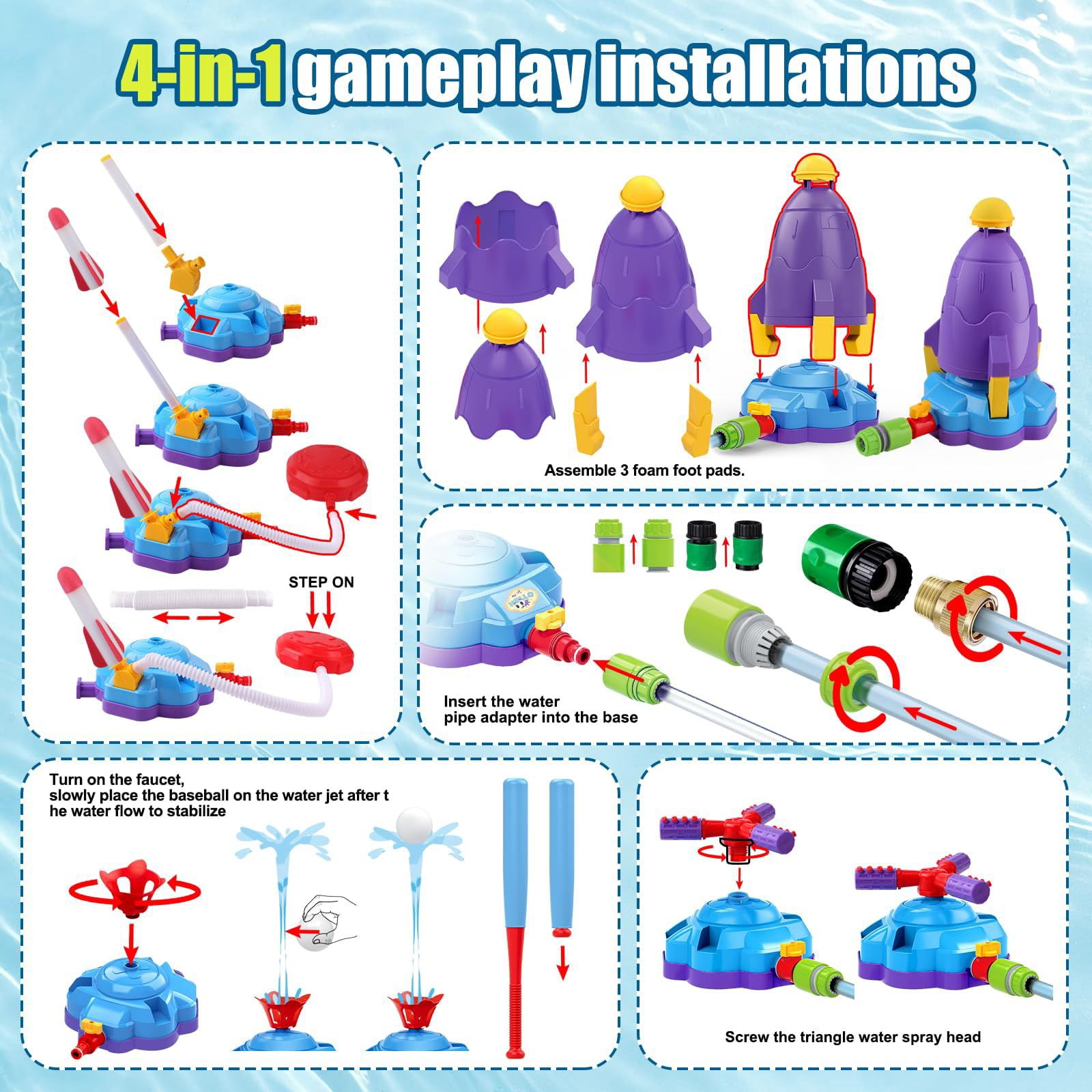 4-in-1 Kids Water Sprinkler Toys, Summer Outdoor Water Baseball/360° Rotating Sprinkler/Stomp Rocket/Rocket Launcher for Backyard Outdoor Summer Toys for Boys Girls
