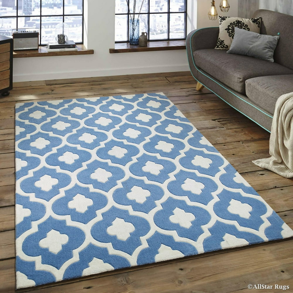AllStar Sky Blue Hand Made Modern. Transitional. design Area Rug with