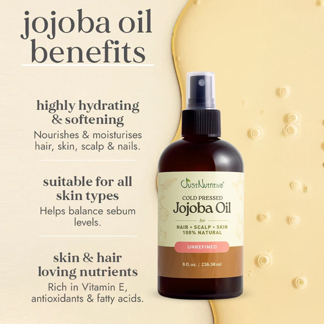 Just Nutritive Cold-Pressed Jojoba Oil – 100% Pure & Hexane-Free – Deep Moisturizer for Face, Hair, Scalp, Beard & Body – Lightweight, Non-Greasy, Clean Beauty – 8 fl oz