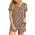 thumbnail image 3 of QATAINLAV Women's Fall Outfits Fashion Printed Short Sleeve Tees and Shorts Two Piece Sets Casual V Neck Pajamas Lounge Set, Khaki, M, 3 of 9