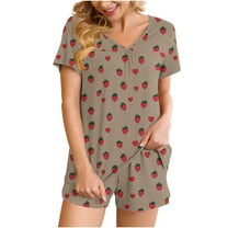 FAHXNVB Pajamas Set for Women 2 Piece Strawberry Printed Short Sleeve Lounge Set Soft Pjs V Nek Sleepwear Tops and Shorts Set S-XXL