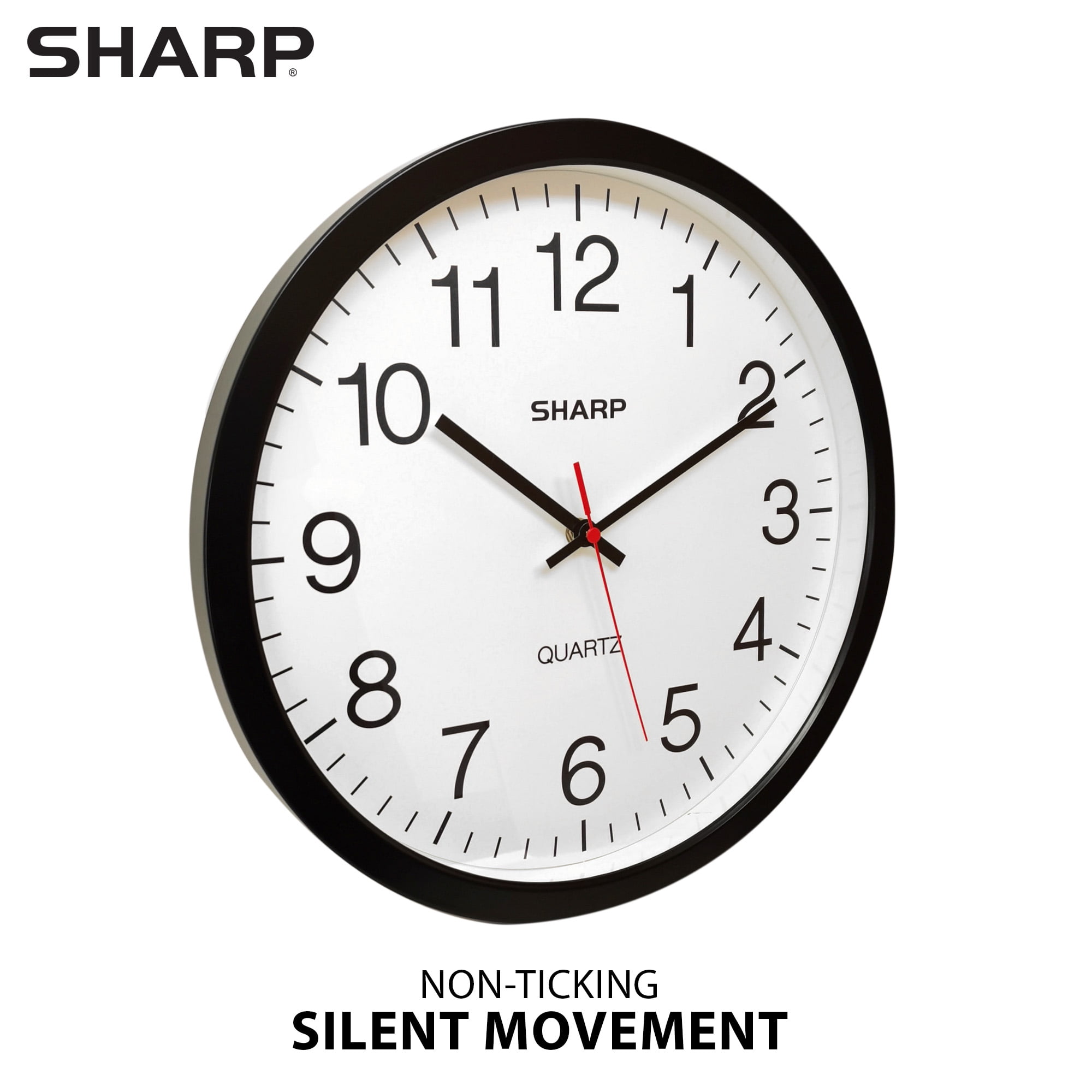 Sharp 14 Inch Silent Non Ticking Wall Clock, Quartz, Battery Operated, Round, Black