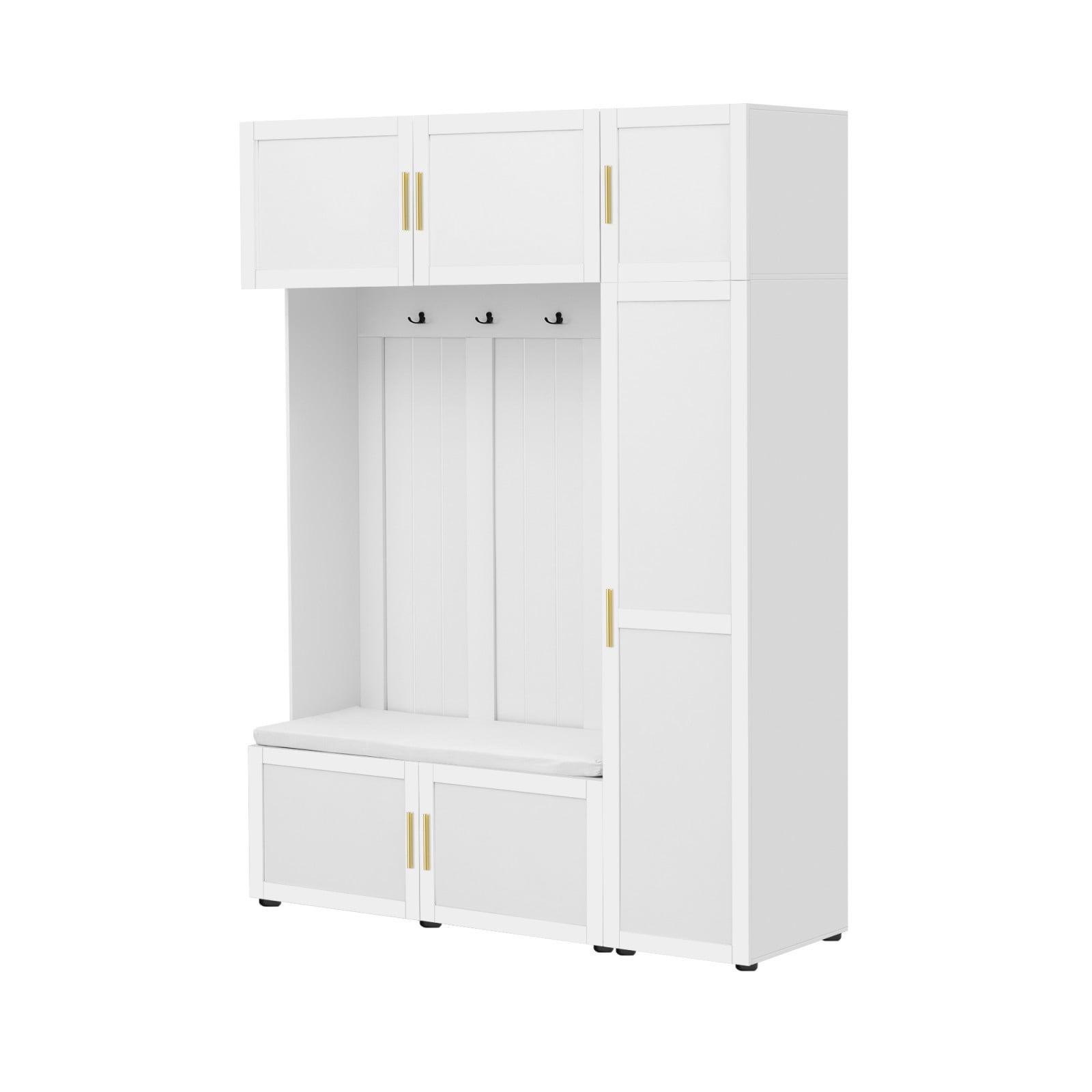 59" W 4-in-1 Entryway Hall Tree with Padded Bench, Coat Rack with 4 Hooks, Shoe Storage Bench & Multi-Tier Shelves, Mudroom Organizer for Hallway Living Room, Ancient White