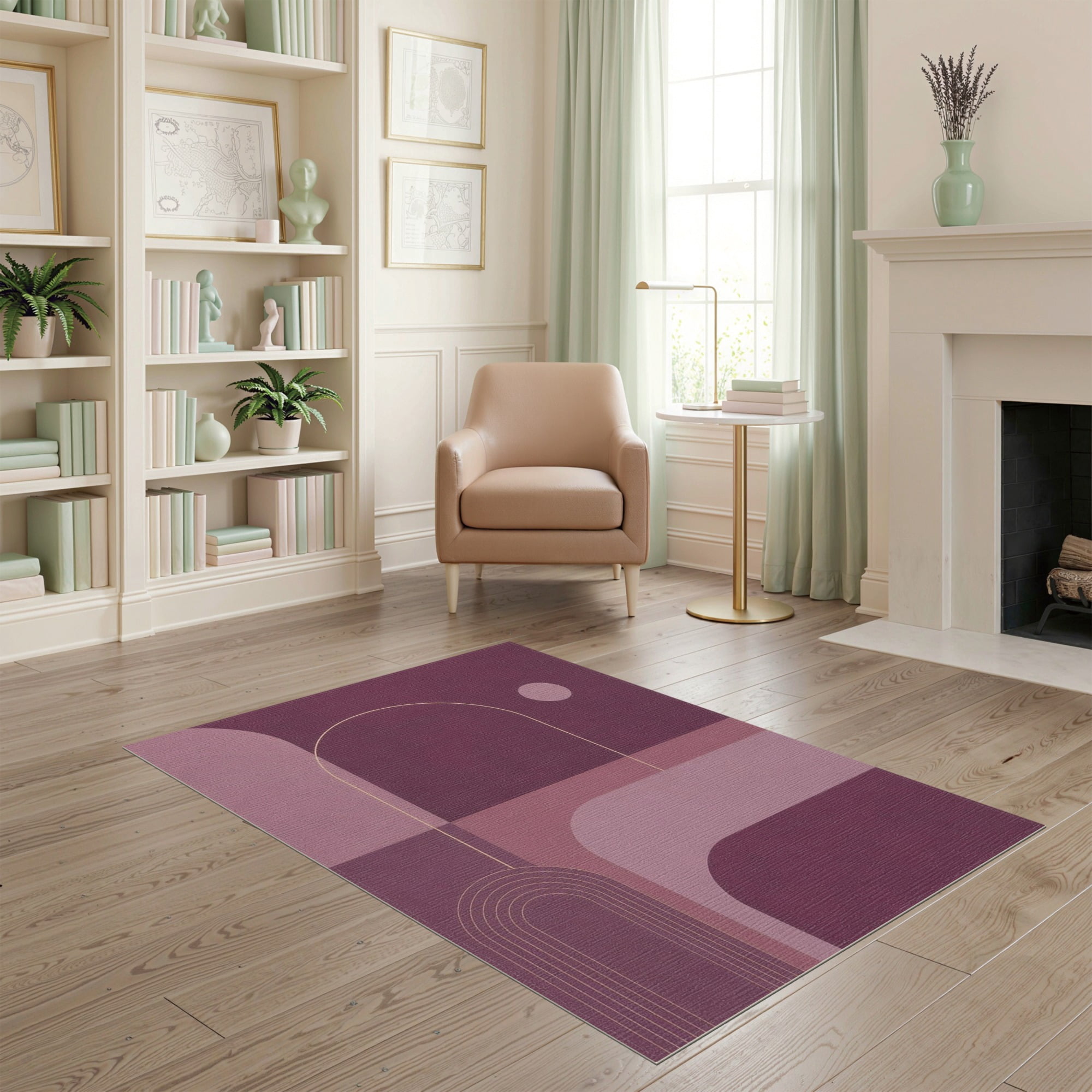 ODIKA 4 x6 Washable Area Rug Deep Plum Geometric Arch Design Modern Abstract with Curved Lines for Bedroom Reading Nook Pet Friendly & Non-Shedding