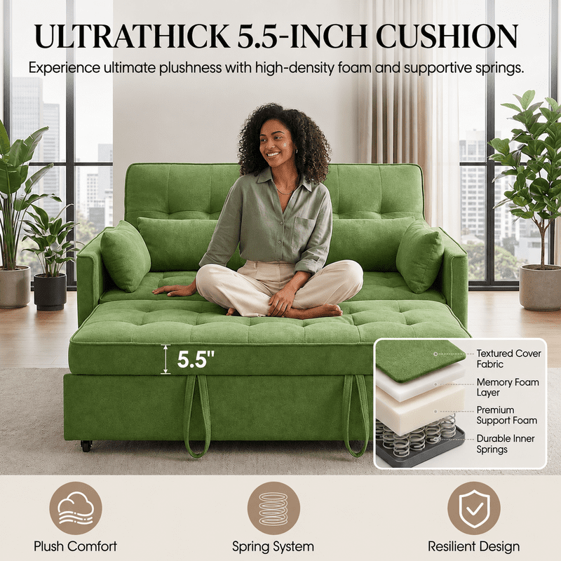 3-in-1 Convertible Sofa Bed with USB Charging Ports, Pull-Out Sleeper Sofa with Adjustable Backrest and Side Pocket, Compact Loveseat Couch for Living Room, Apartment, Dorm