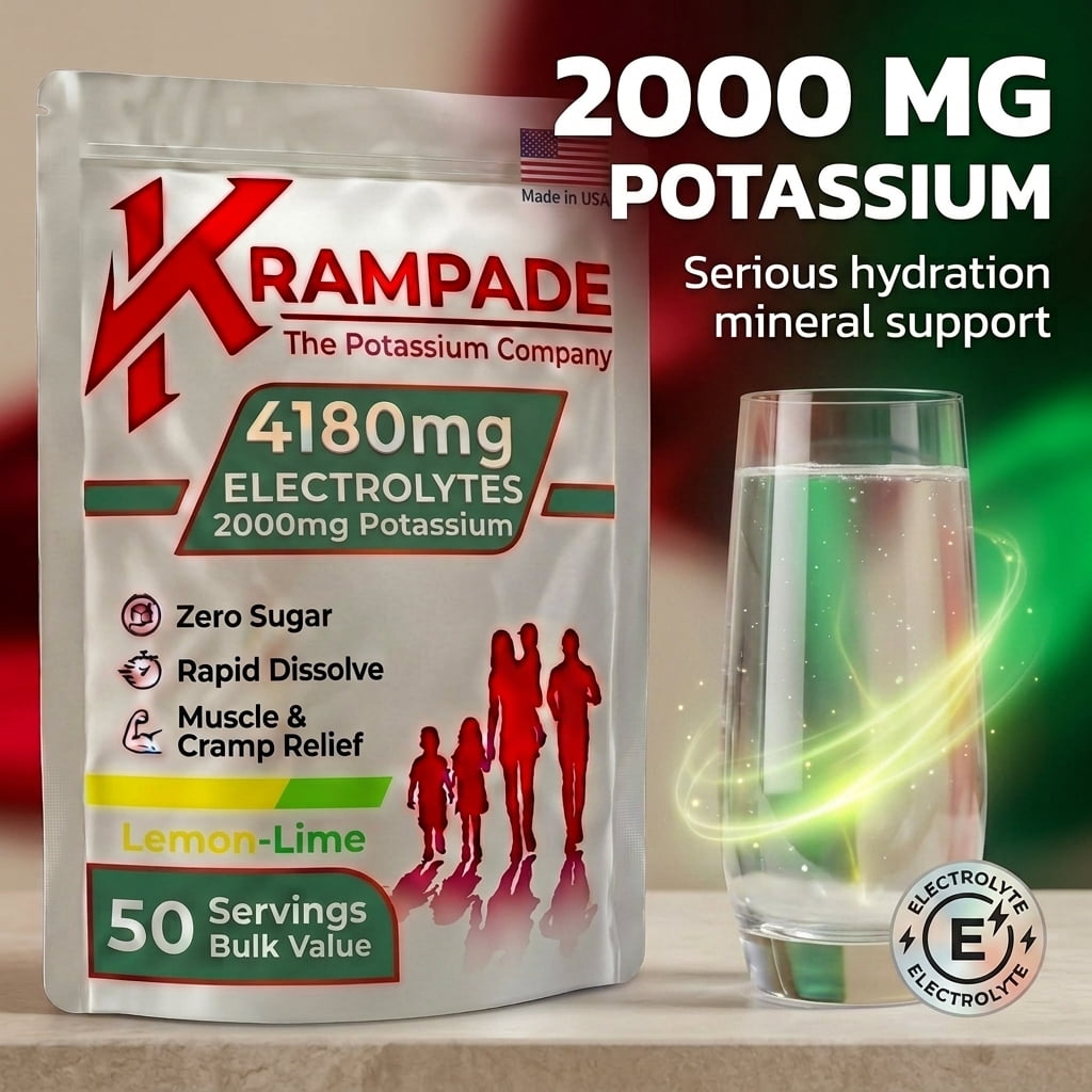 Krampade High Potassium Electrolytes Powder Zero Sugar Lemon Lime, Cramp Relief, Keto, 50 Servings