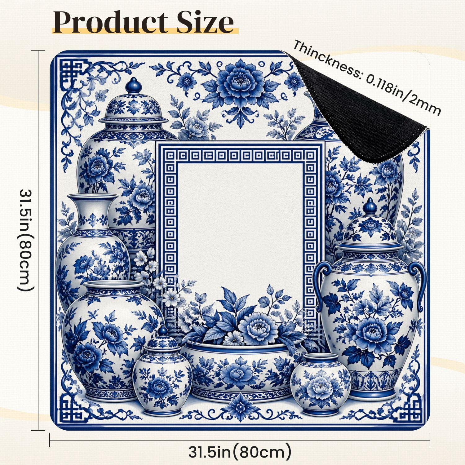Mahjong Mat 31.5" x 31.5" Blue White Porcelain Vases Jars Floral Non-Slip Noise Reduction Mahjong Tiles Table Cover for Dominoes Poker Card Board and Tile Games