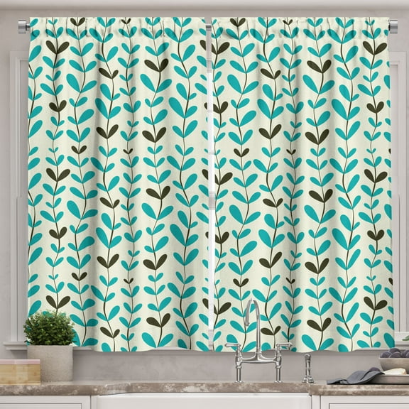 Ambesonne Retro Kitchen Curtains, Vintage Repeating Leaves Art, 55"x39", Dark Seafoam Evergreen