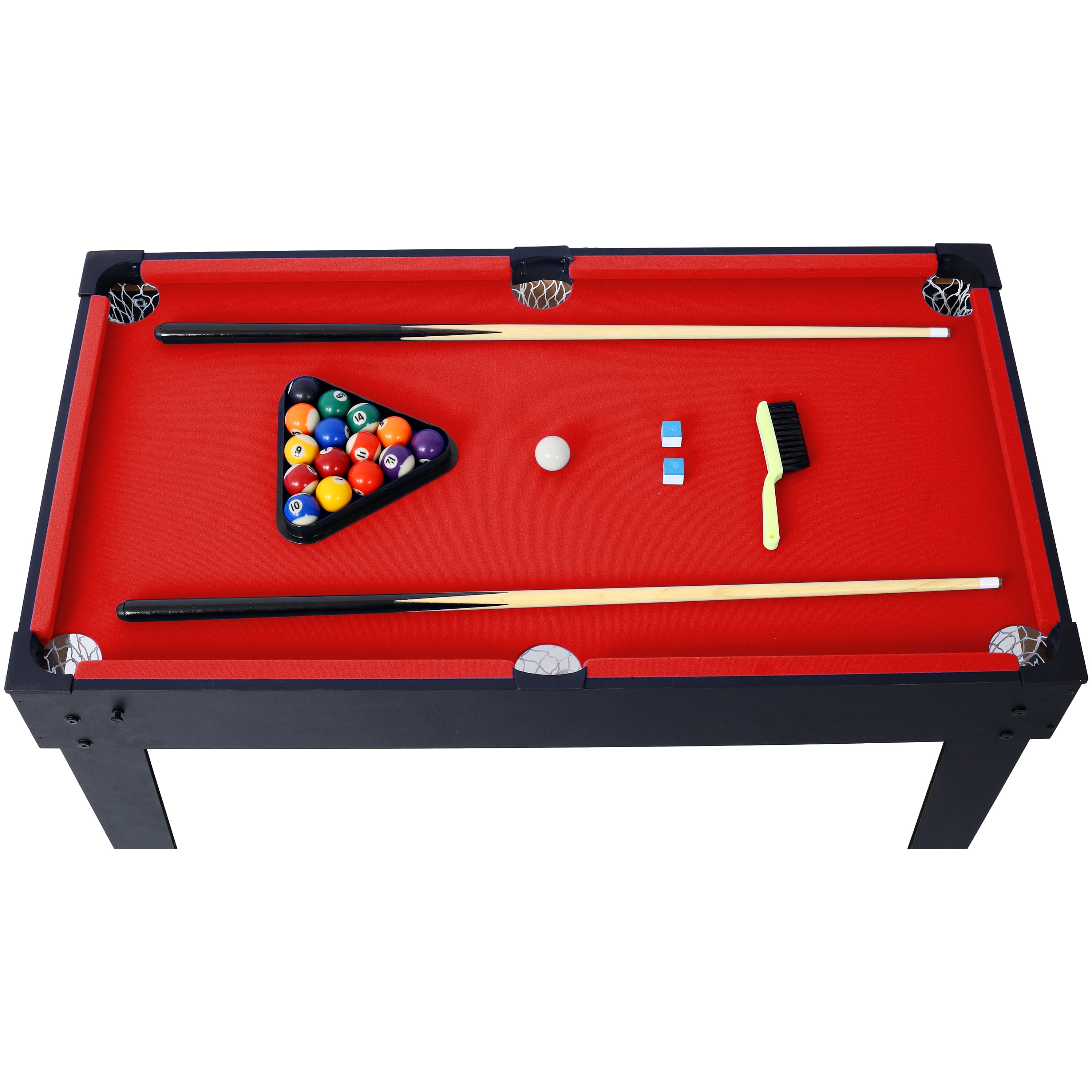 5-in-1 Multi-Game Table for Indoor Sports - Billiards, Push Hockey, Foosball, Ping Pong, Basketball | Black/Red Design