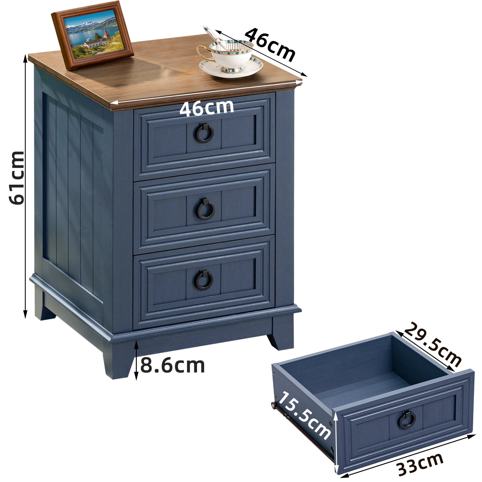 Joaxswe End Table with 3 Drawers for Living Room, Elegant Nightstand with Metal Handle for Bedroom, Blue