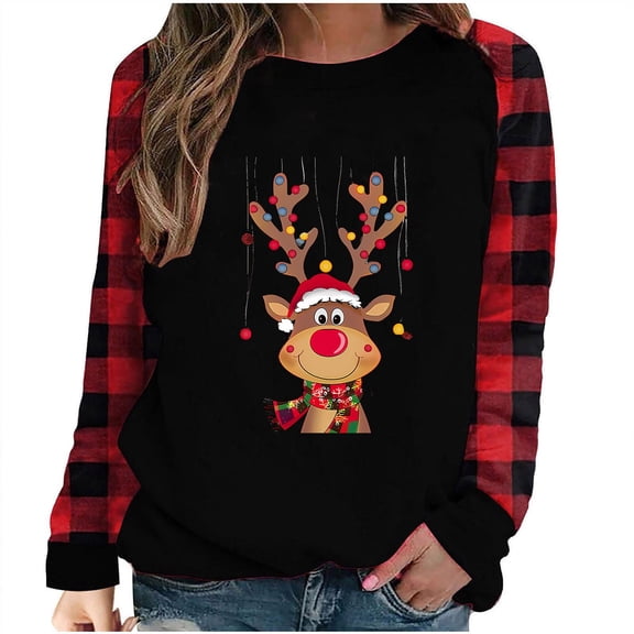 Merry Christmas Sweatshirt Womens Funny Xmas Elk Printed Plaid Raglan Long Sleeve Pullover Sweater Festivel Costume