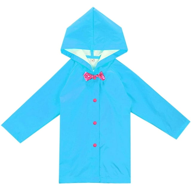 Under $10 Wraps Blue Kids Hooded Button Down Long Jacket Bow Rainwear Lightweight Raincoat