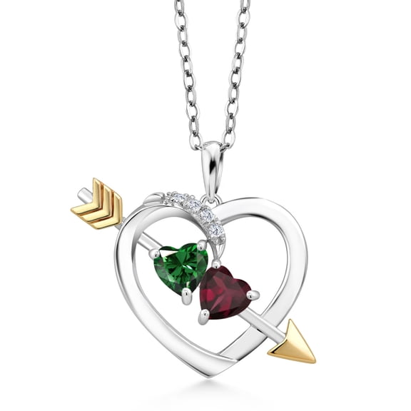Gem Stone King 1.09 Ct Green Nano Emerald Red Rhodolite Garnet 925 Silver and 10K Yellow Gold Lab Grown Diamond Pendant