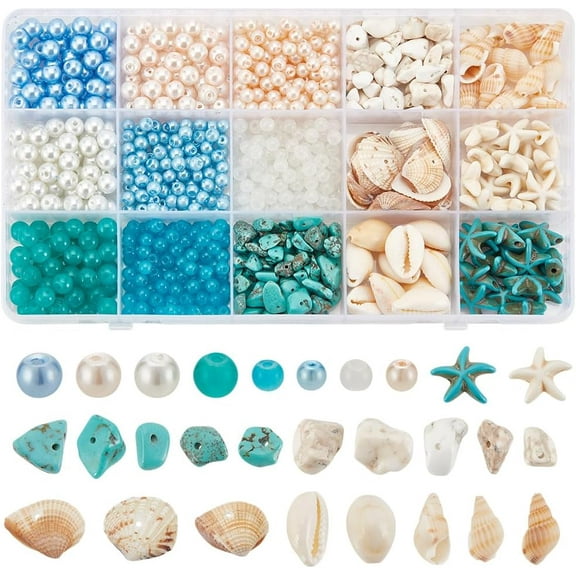 820pcs 15 Styles Summer Beach Beads Ocean Style Beads Starfish Beads Natural Shell Charms Glass Pearl Round BeadsSea Animal Bead Set Sea Star DIY Charms for Jewelry Making