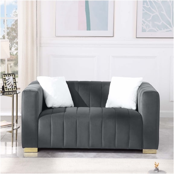 JERFIT Modern Channel Tufted Chesterfield Loveseat Sofa, Velvet Upholstery, Grey Two-Seater for Living Room