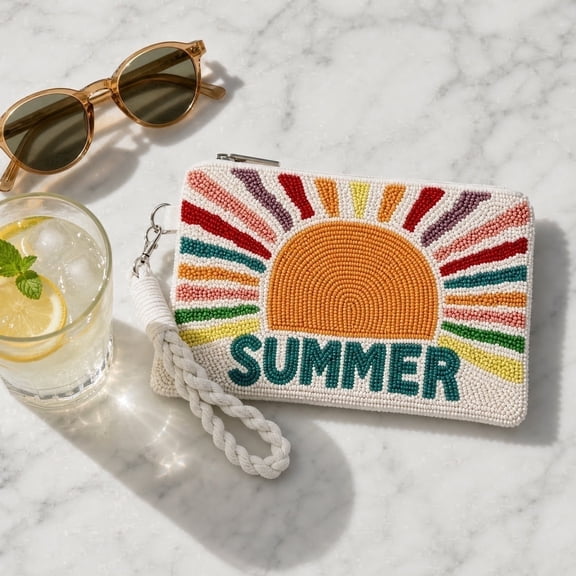 Summer Clutch,Colorful Sun Pattern Boho Beach Zipper Purse with Braided Wrist Strap, Trendy Small Handbag for Seaside Trips, Weekend Casual Daily Use