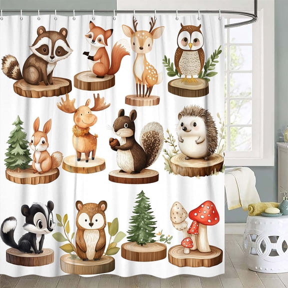 Woodland Animals Shower Curtain for Kids,Painted Tropical Animals Bathtub Curtain,Cartoon Cute Squirrel Raccoon Hedgehog Bathroom Decoration for Children,69X70 in