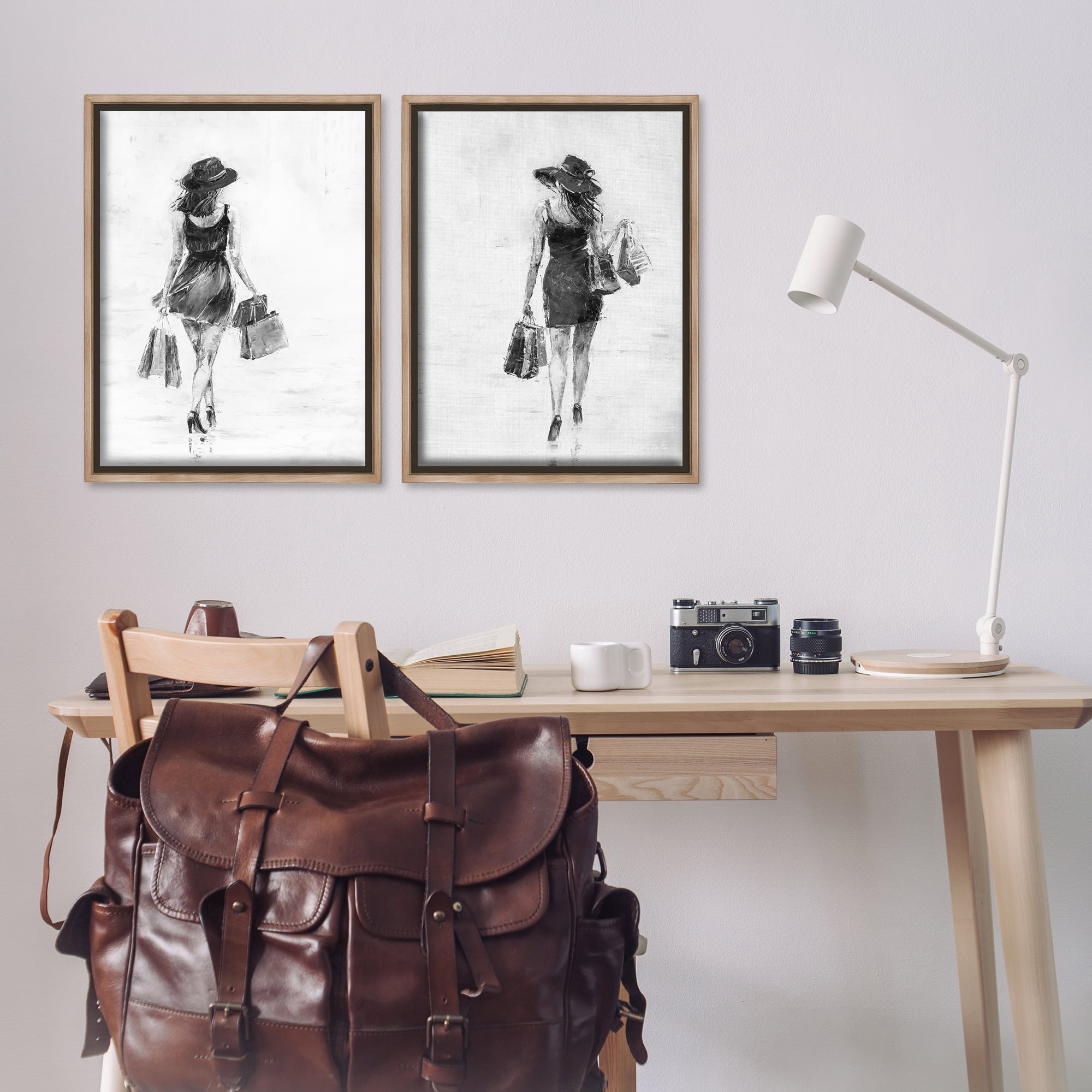 Stupell Industries Female Figures Shopping Bags People Painting Brown Floater Framed Canvas Art Print Wall Art, 21 x 31, Set of 2