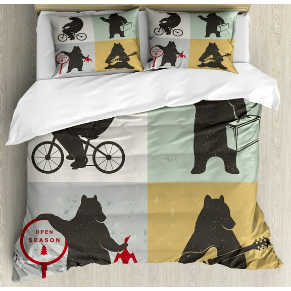 Bear Duvet Cover Set Queen Size, Funny Frames in Drawing Style Mascot Hunter Biker Musician Travelling Grunge Display, Decorative 3 Piece Bedding Set with 2 Pillow Shams, Multicolor, by Ambesonne