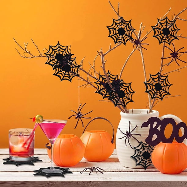 Posavasos de telaraña de Halloween Negro | Decoración de mesa de poliéster antideslizante y resistente al calor | 4,5x4,5 in | Suministros para fiestas para cenar, bar, eventos navideños | Accesorio